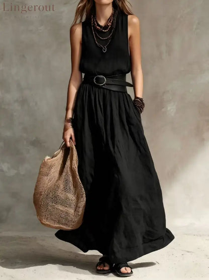 Sleeveless High-Neck Maxi Dress with Belt - Black / S