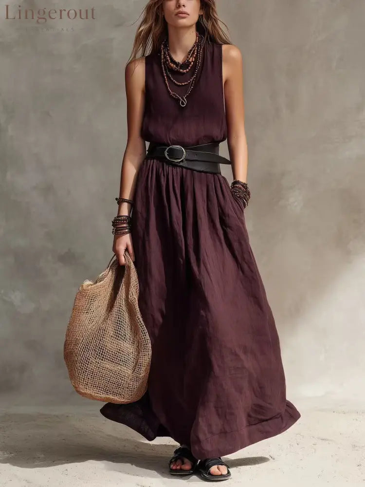 Sleeveless High-Neck Maxi Dress with Belt - Deep red / S