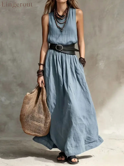 Sleeveless High-Neck Maxi Dress with Belt - Light blue / S