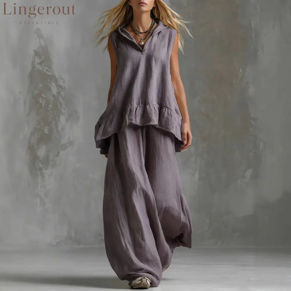 Sleeveless Hooded Textured Two-Piece Set