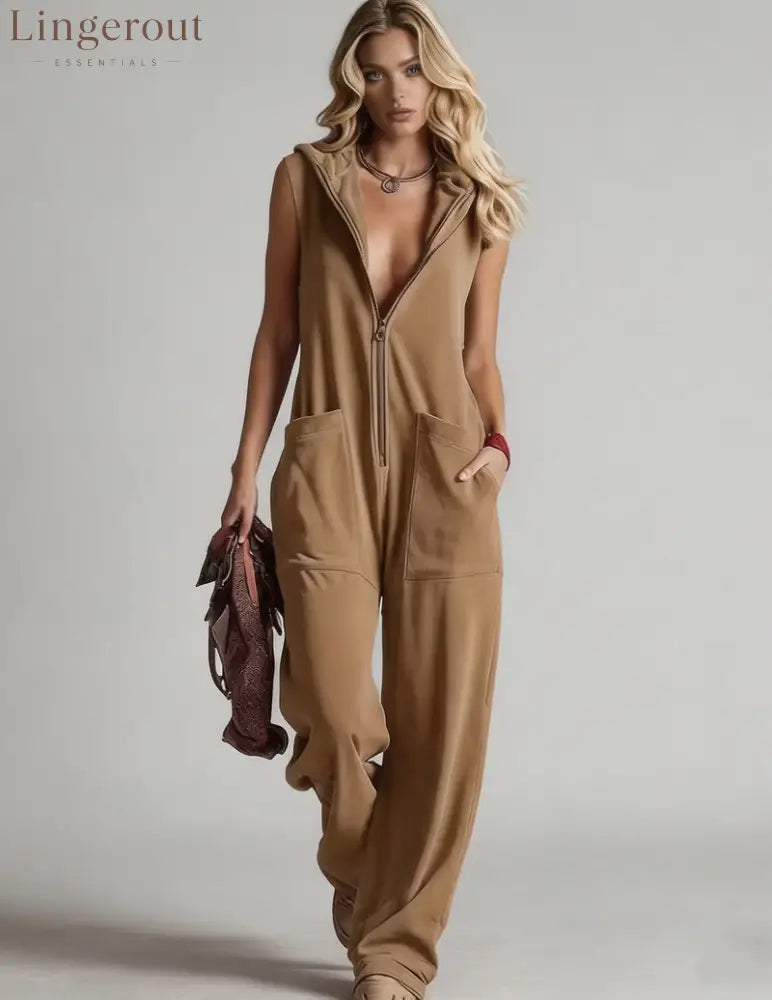 Sleeveless Hooded Zip-Front Jumpsuit - Khaki / S