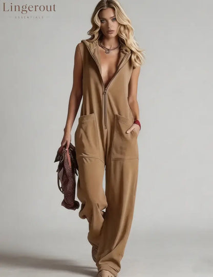 Sleeveless Hooded Zip-Front Jumpsuit - Khaki / S