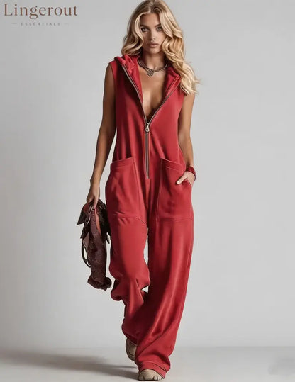 Sleeveless Hooded Zip-Front Jumpsuit - Red / S