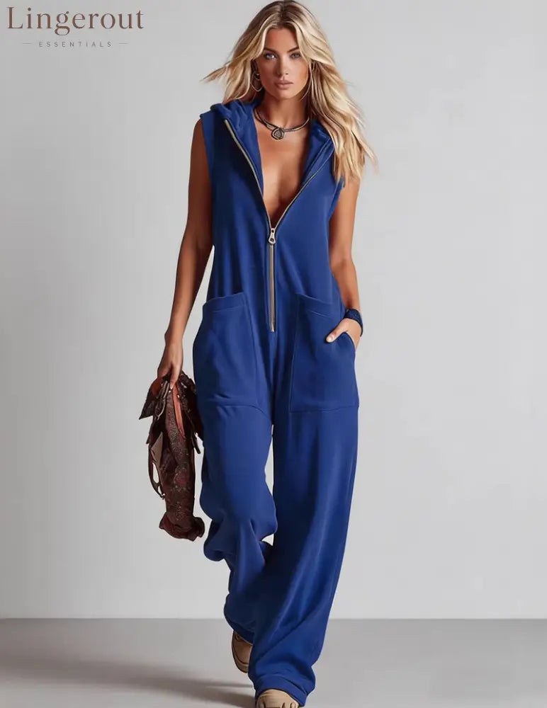 Sleeveless Hooded Zip-Front Jumpsuit - Royal Blue / S
