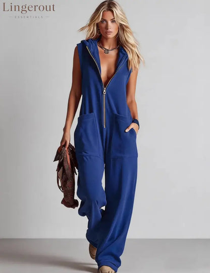 Sleeveless Hooded Zip-Front Jumpsuit - Royal Blue / S