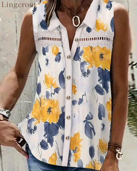 Sleeveless Lapel Printed Hollow Tank Top - Yellow / S