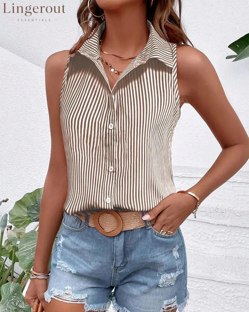 Sleeveless Lapel Striped Tank Top - Khaki / S