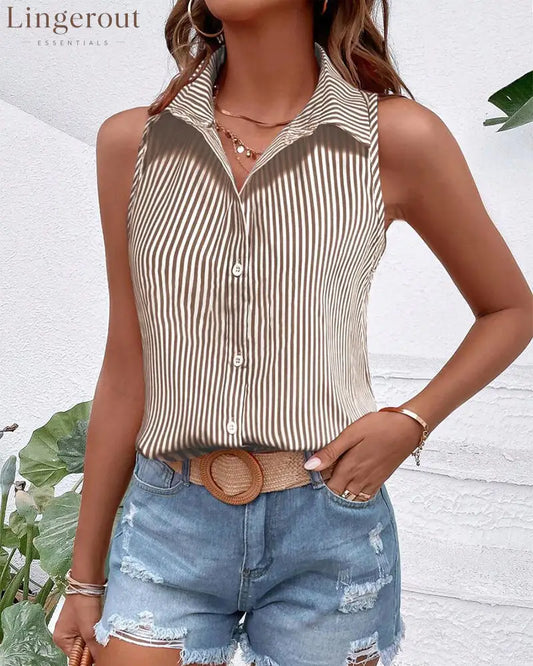 Sleeveless Lapel Striped Tank Top - Khaki / S