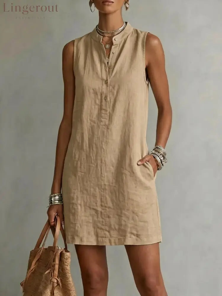 Sleeveless Linen Button-Front Mini Dress - Beige / XS - Mini Dresses