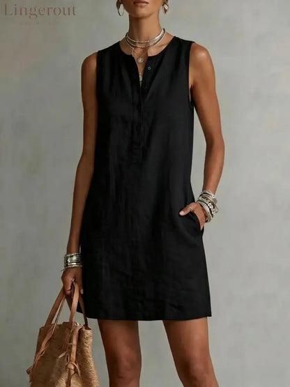 Sleeveless Linen Button-Front Mini Dress - Black / XS - Mini Dresses