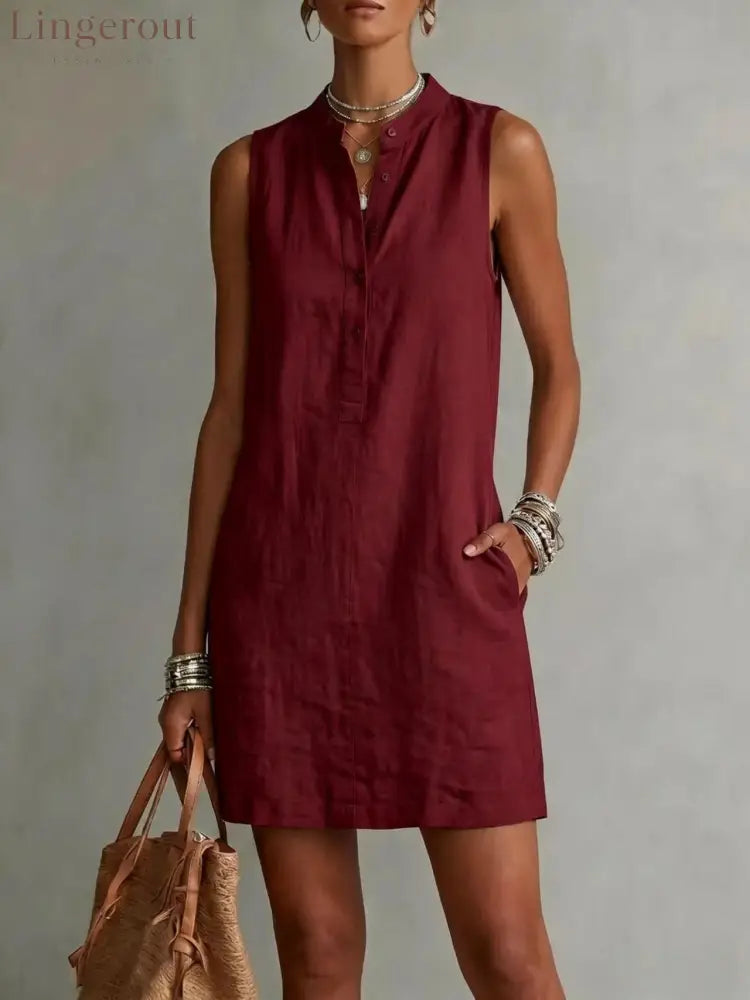 Sleeveless Linen Button-Front Mini Dress - Burgundy / XS - Mini Dresses