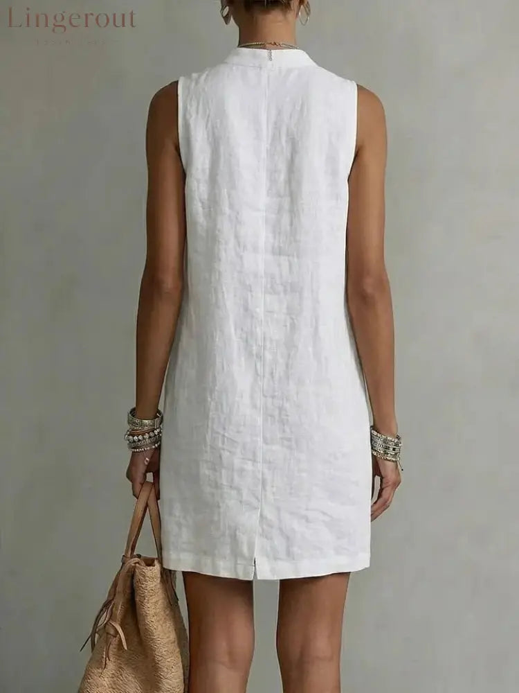 Sleeveless Linen Button-Front Mini Dress - Mini Dresses