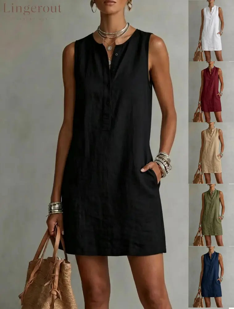 Sleeveless Linen Button-Front Mini Dress - Mini Dresses