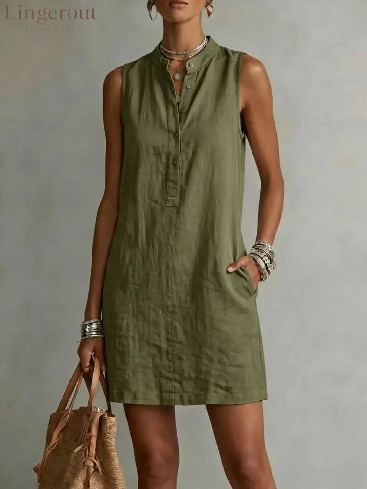 Sleeveless Linen Button-Front Mini Dress - Green / XS - Mini Dresses