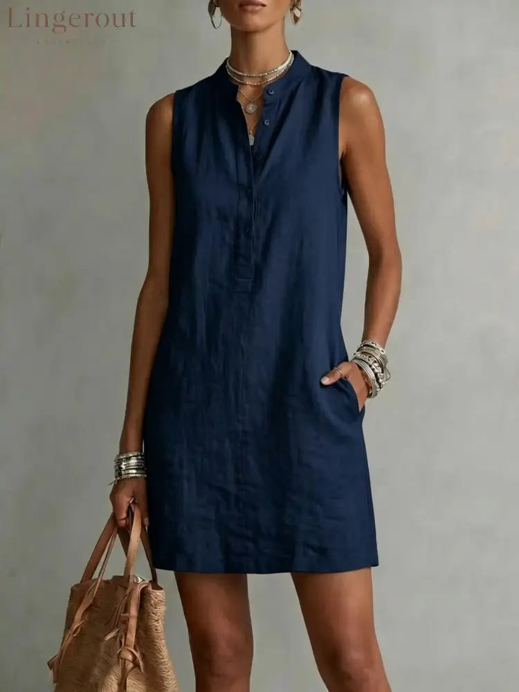 Sleeveless Linen Button-Front Mini Dress - Navy / XS - Mini Dresses