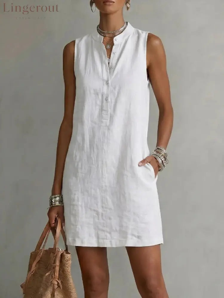 Sleeveless Linen Button-Front Mini Dress - White / XS - Mini Dresses