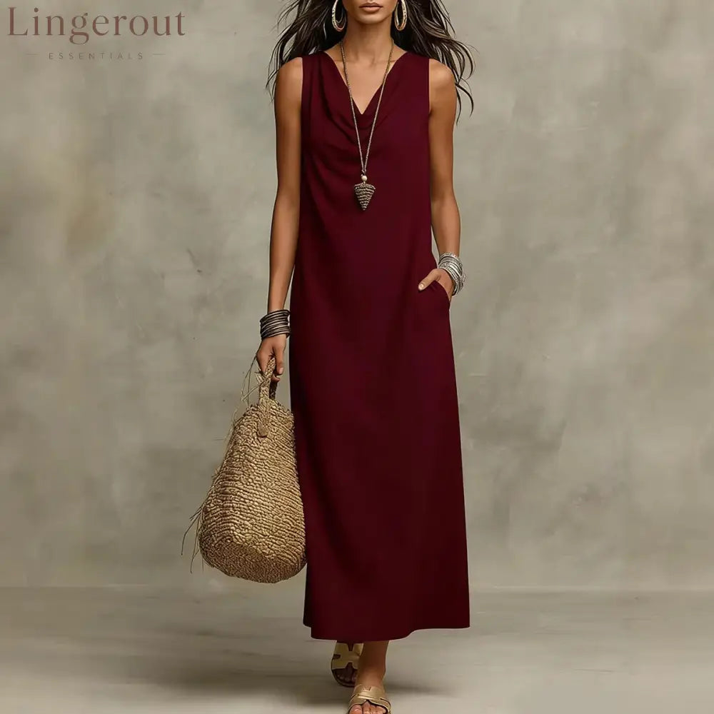 🌟 Sleeveless Linen Maxi Dress: Effortless Boho-Chic for Every Occasion - Burgundy / S