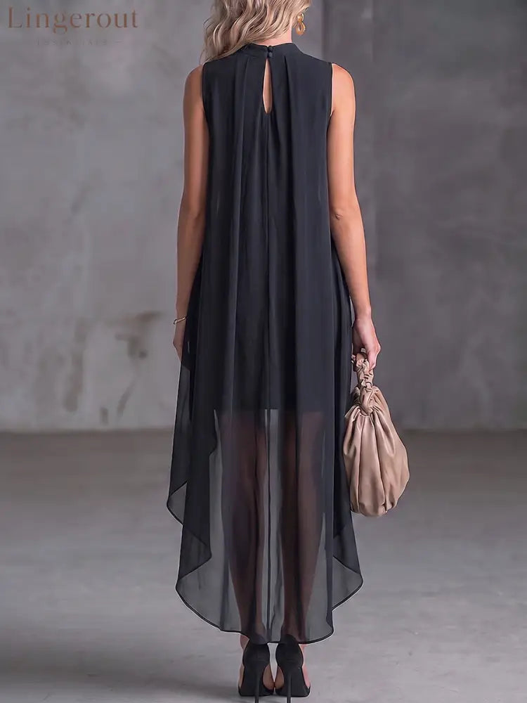 Sleeveless Mock Neck Chiffon Overlay Bodycon Dress