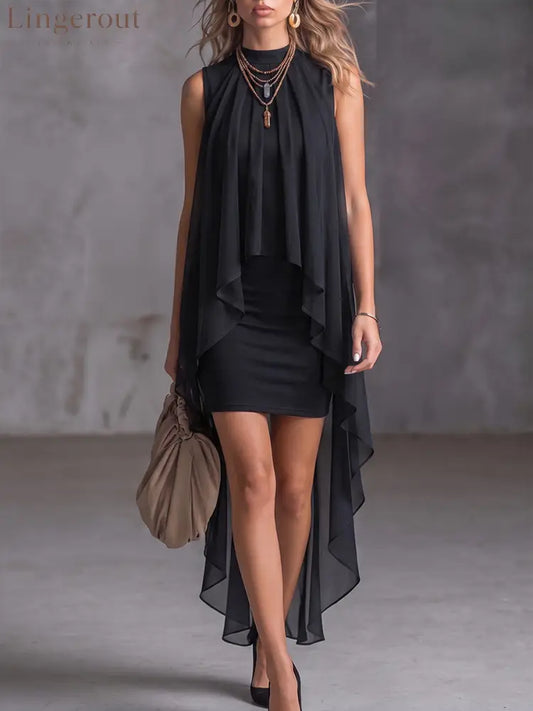 Sleeveless Mock Neck Chiffon Overlay Bodycon Dress - Black / S
