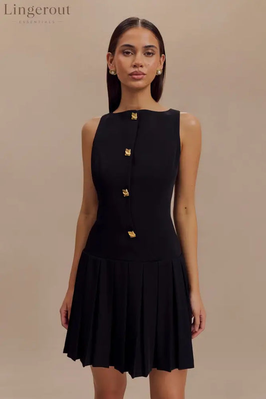 Sleeveless Pleated Mini Dress - Black - S