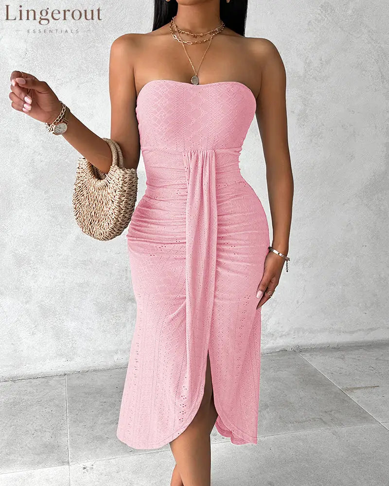 Sleeveless Ruched Cinched Waist Draped Bandeau Dress Eyelet Embroidery Slit Asymmetrical Hem Vacation Dress