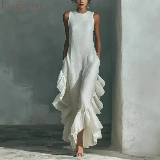 Sleeveless Ruffled Linen Maxi Dress