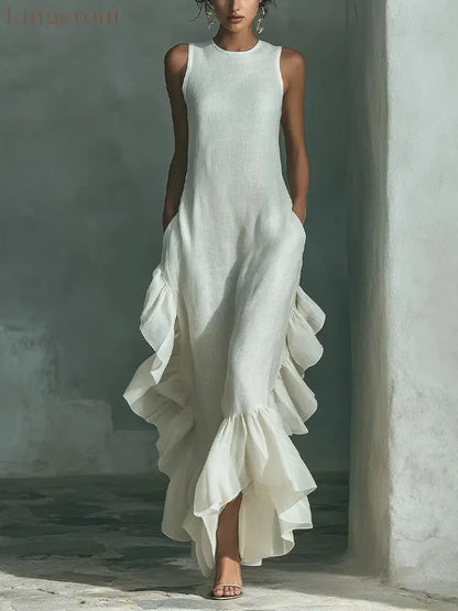 Sleeveless Ruffled Linen Maxi Dress - Ivory white / S