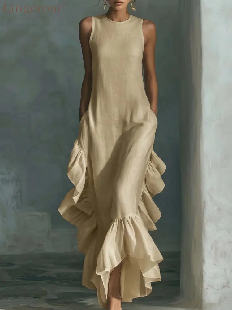 Sleeveless Ruffled Linen Maxi Dress - Khaki / S