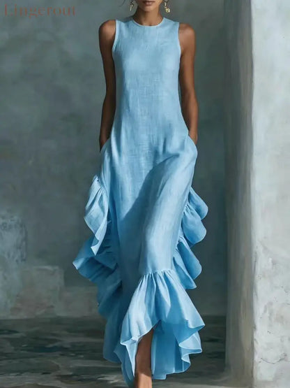 Sleeveless Ruffled Linen Maxi Dress - Light blue / S