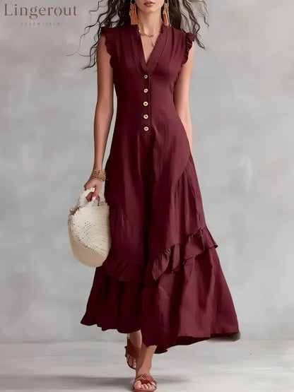 Sleeveless Ruffled V-Neck Maxi Dress - Burgundy / S