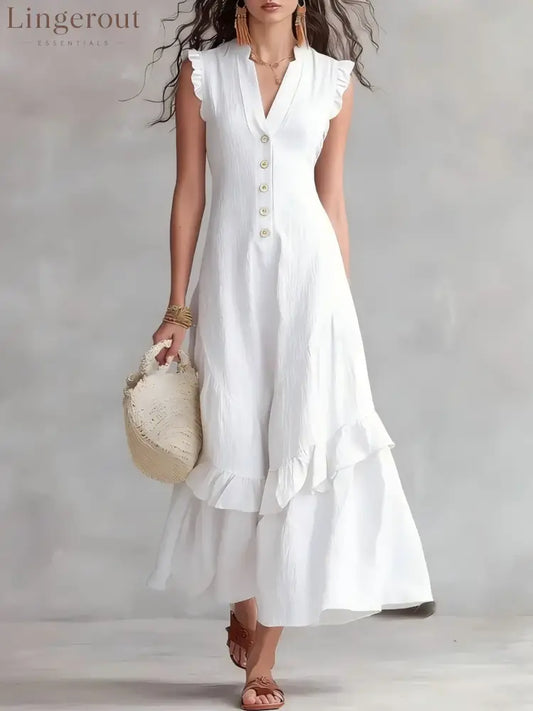 Sleeveless Ruffled V-Neck Maxi Dress - White / S