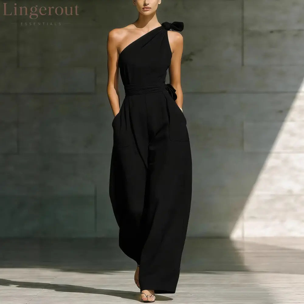 Sleeveless Slanted Shoulder Waist Jumpsuit - Black / S