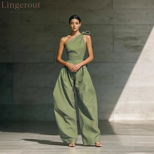 Sleeveless Slanted Shoulder Waist Jumpsuit - Green / S