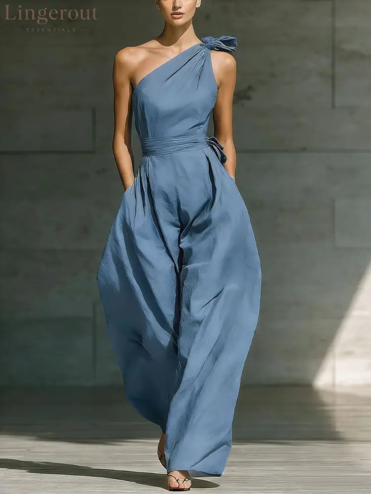 Sleeveless Slanted Shoulder Waist Jumpsuit - Light blue / S