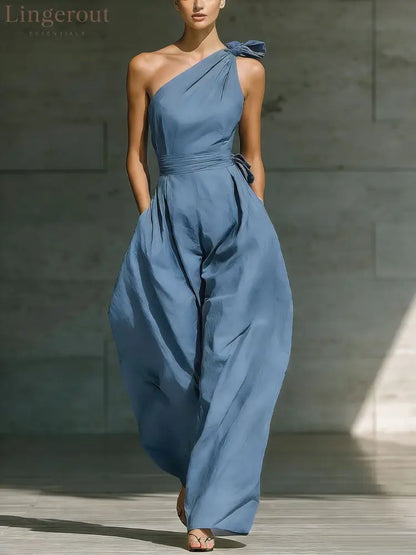 Sleeveless Slanted Shoulder Waist Jumpsuit - Light blue / S