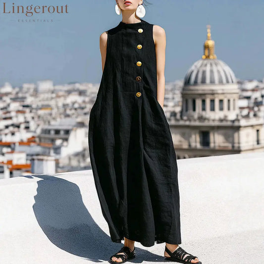 Sleeveless Stand Collar Linen Midi Maxi Dress with Side Buttons