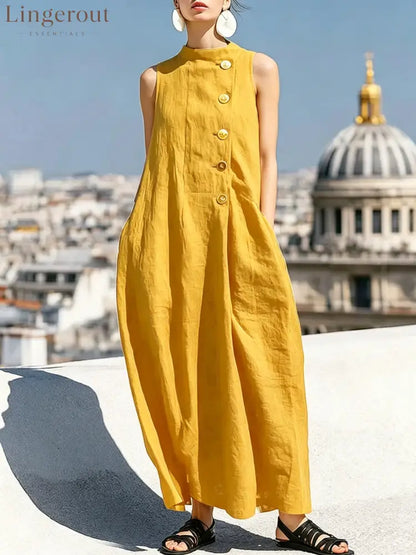 Sleeveless Stand Collar Linen Midi Maxi Dress with Side Buttons - Lemon yellow / S