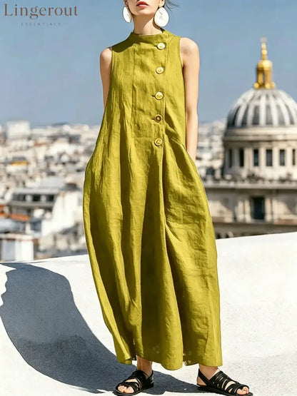 Sleeveless Stand Collar Linen Midi Maxi Dress with Side Buttons - Yellow-green / S