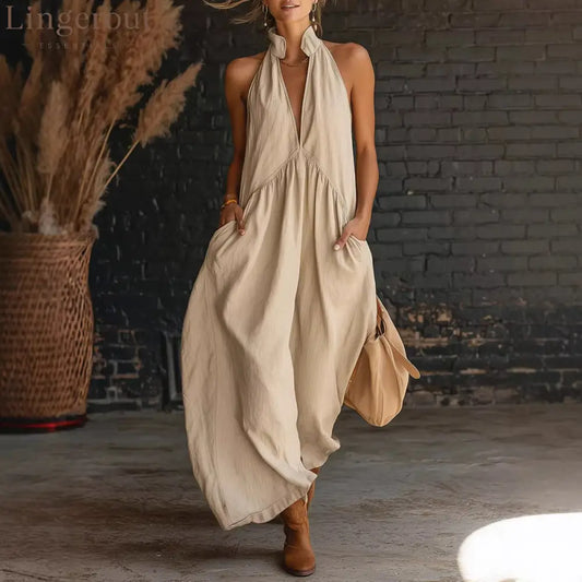 Sleeveless Stand Collar Solid Color Long Vacation Dress