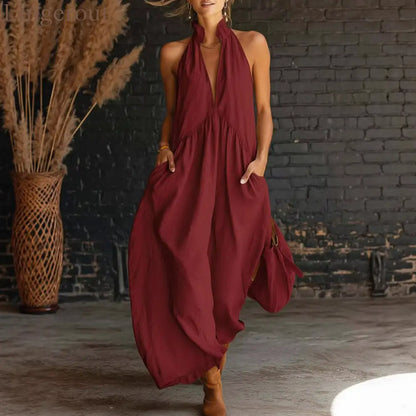 Sleeveless Stand Collar Solid Color Long Vacation Dress