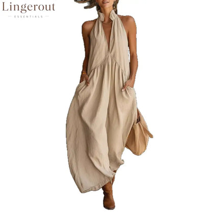 Sleeveless Stand Collar Solid Color Long Vacation Dress