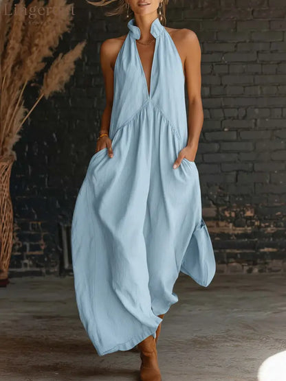 Sleeveless Stand Collar Solid Color Long Vacation Dress - Blue / S