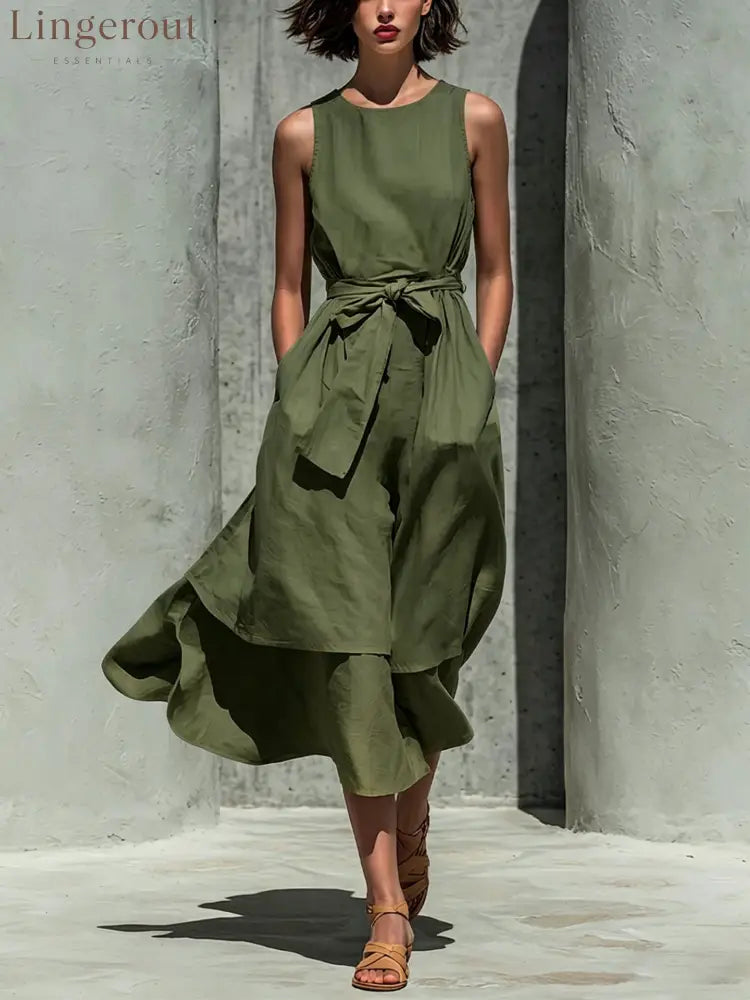 Sleeveless Tie Waist Layered Linen Midi Dress - Army green / S