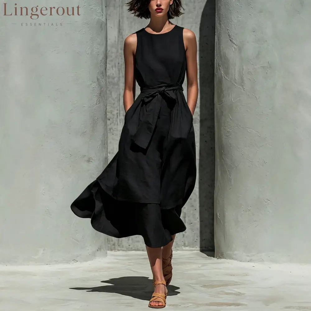 Sleeveless Tie Waist Layered Linen Midi Dress - Black / S
