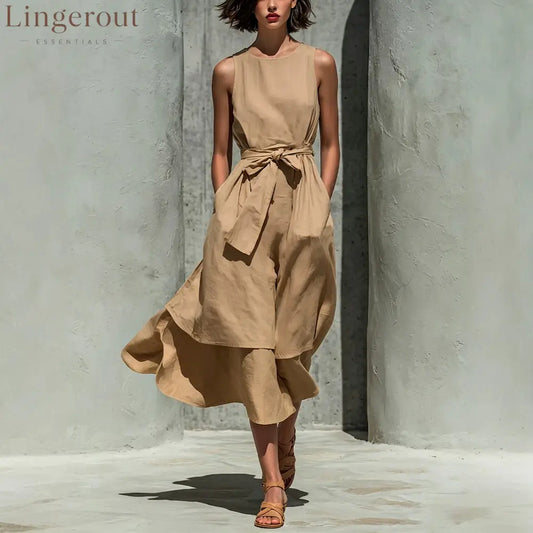 Sleeveless Tie Waist Layered Linen Midi Dress - Dark khaki / S