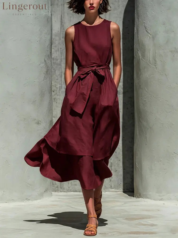 Sleeveless Tie Waist Layered Linen Midi Dress - Red / S