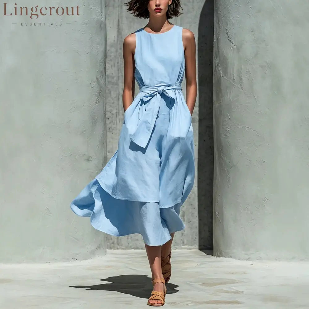 Sleeveless Tie Waist Layered Linen Midi Dress - Sky blue / S