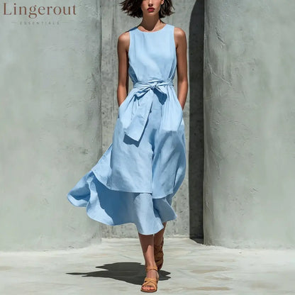 Sleeveless Tie Waist Layered Linen Midi Dress - Sky blue / S