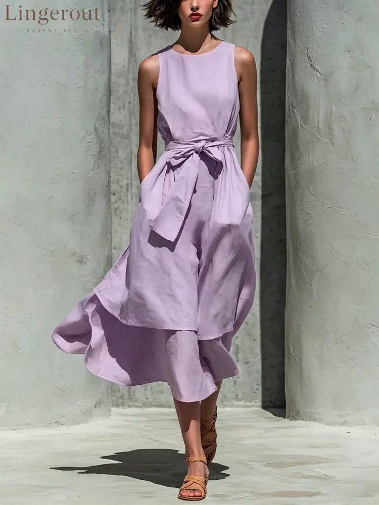 Sleeveless Tie Waist Layered Linen Midi Dress - Violet / S