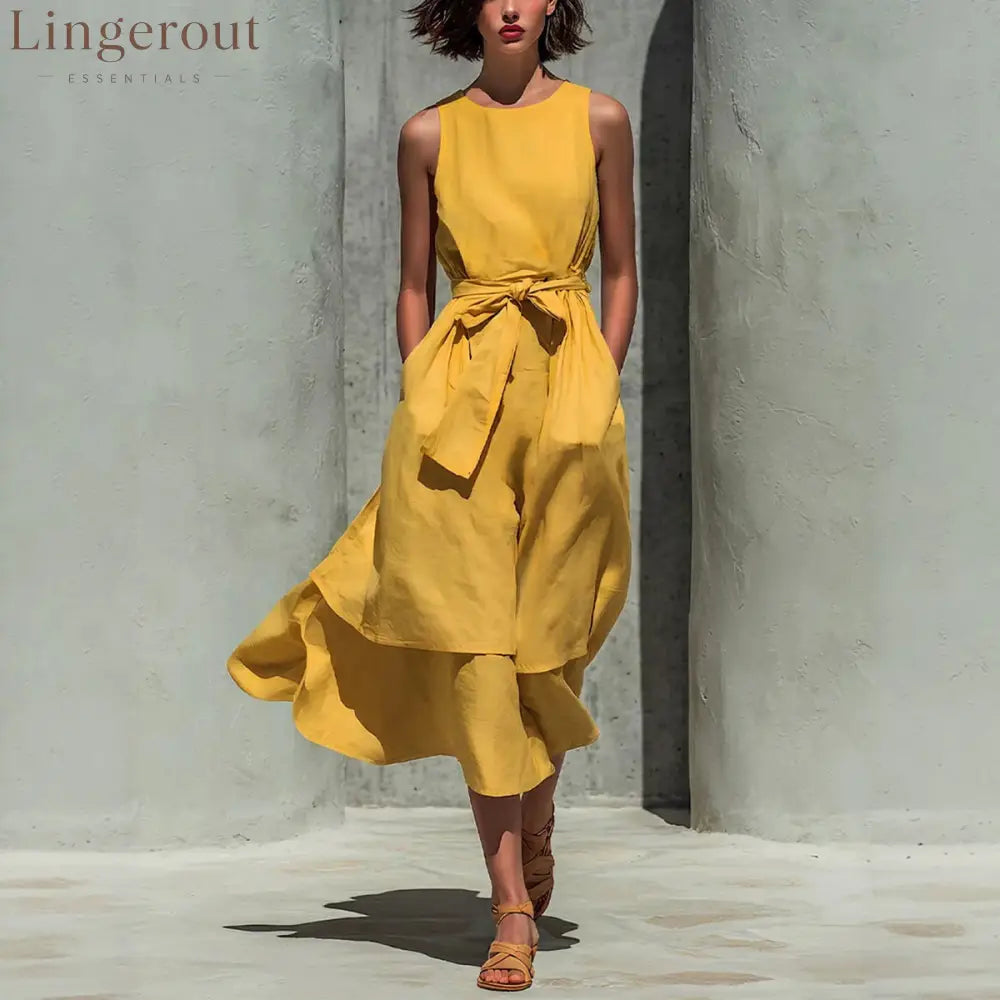Sleeveless Tie Waist Layered Linen Midi Dress - Yellow / S